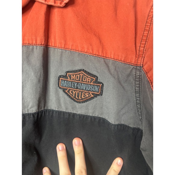 Harley Davidson Mens XL Colorblock Button Up Shirt Orange Grey Black Embroidered - Picture 4 of 8